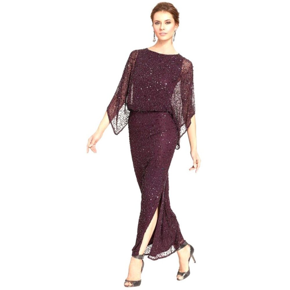 PATRA Evening Maxi Purple Beaded Sequin Dress Size-12 Kimono Sleeves